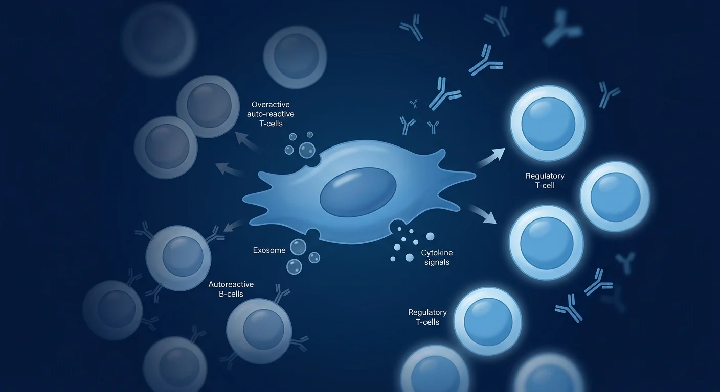 Illustration of mesenchymal stem cell immunomodulation in autoimmune hypothyroidism — regulatory T-cells activated while autoreactive antibodies are suppressed