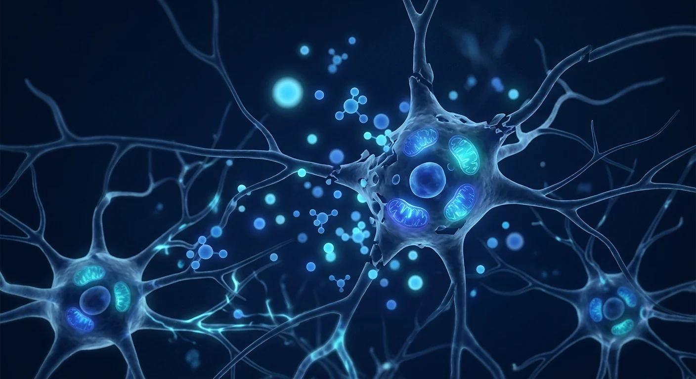 Medical illustration of neonatal brain showing hypoxic-ischemic injury pattern with neural pathways, mitochondria, and neurotrophic factors being released