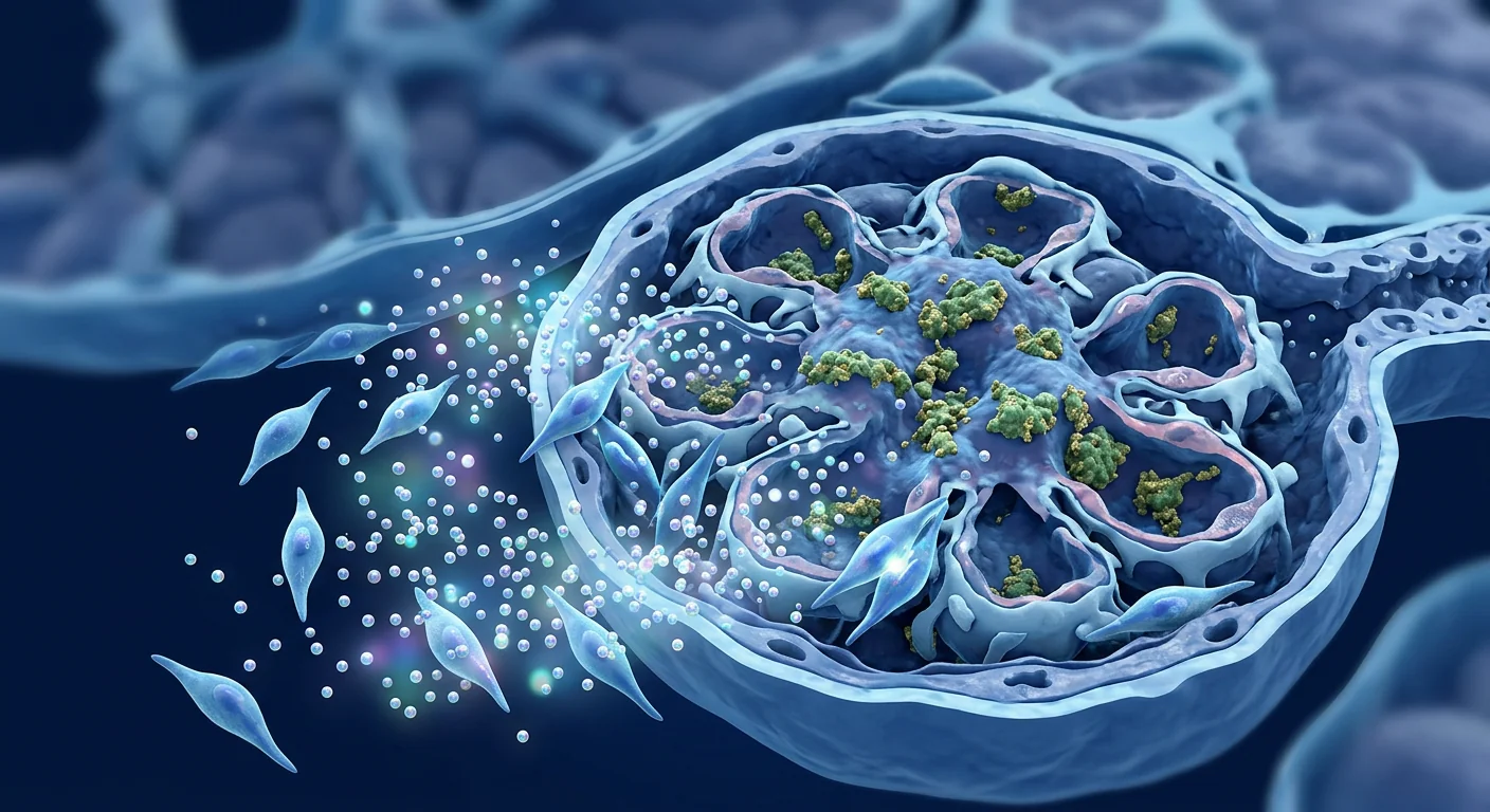 Scientific illustration of mesenchymal stem cells delivering immunomodulatory signals to inflamed kidney glomeruli in IgA nephropathy therapy