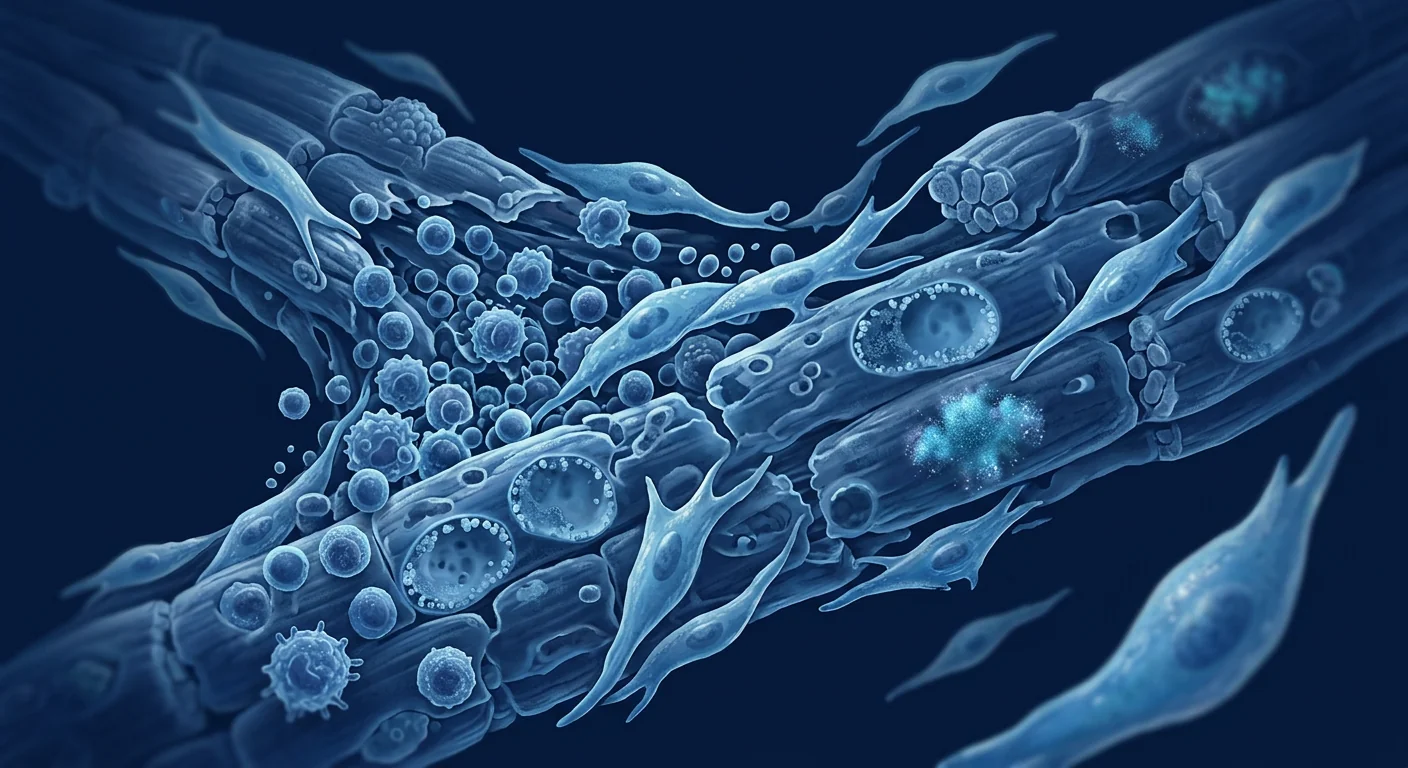 Scientific illustration of mesenchymal stem cells targeting chronic inflammation and muscle degeneration in inclusion body myositis