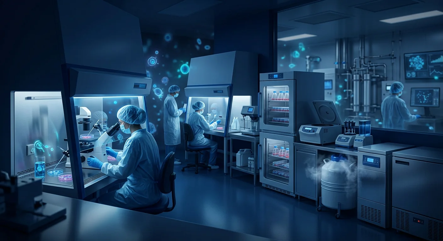 Wide view of GMP cell processing cleanroom with bioreactor systems