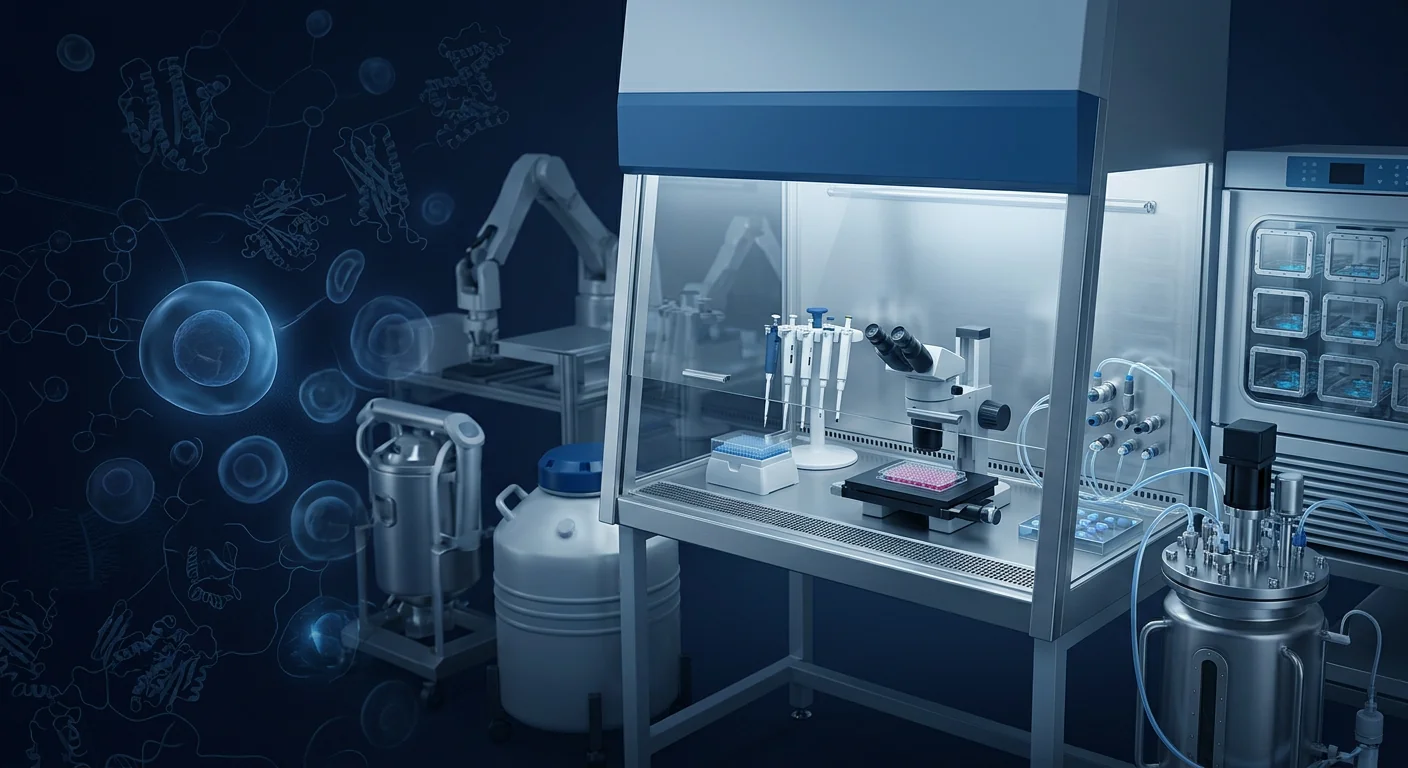 Modern GMP-aligned stem cell laboratory cleanroom with bioreactors and scientists in PPE