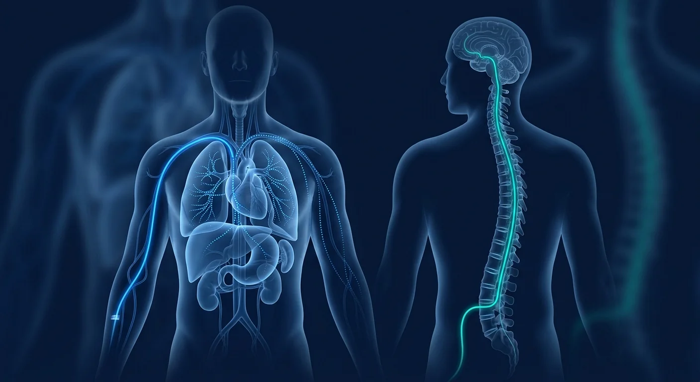 Scientific visualization comparing intrathecal and intravenous MSC delivery routes — CSF vs bloodstream pharmacokinetics