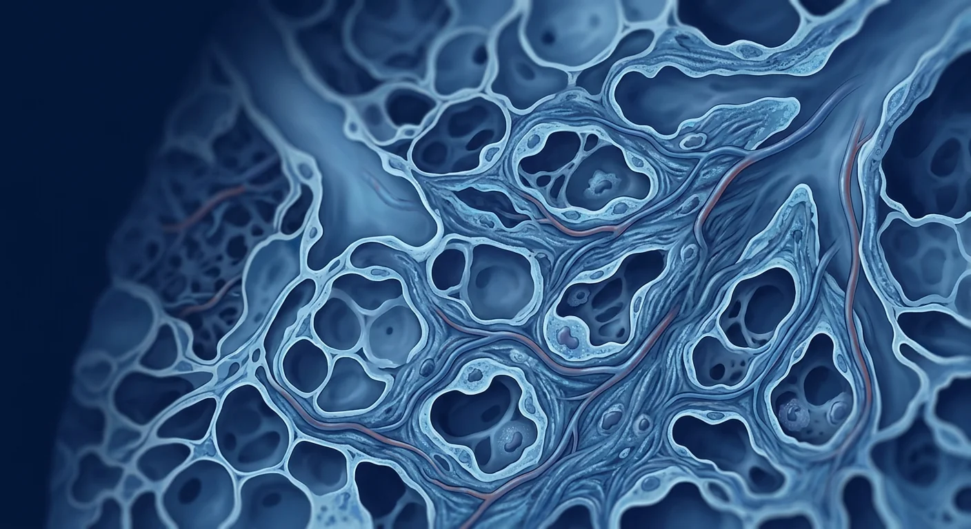 Scientific illustration of human lungs with damaged airways and alveoli undergoing cellular repair in COPD