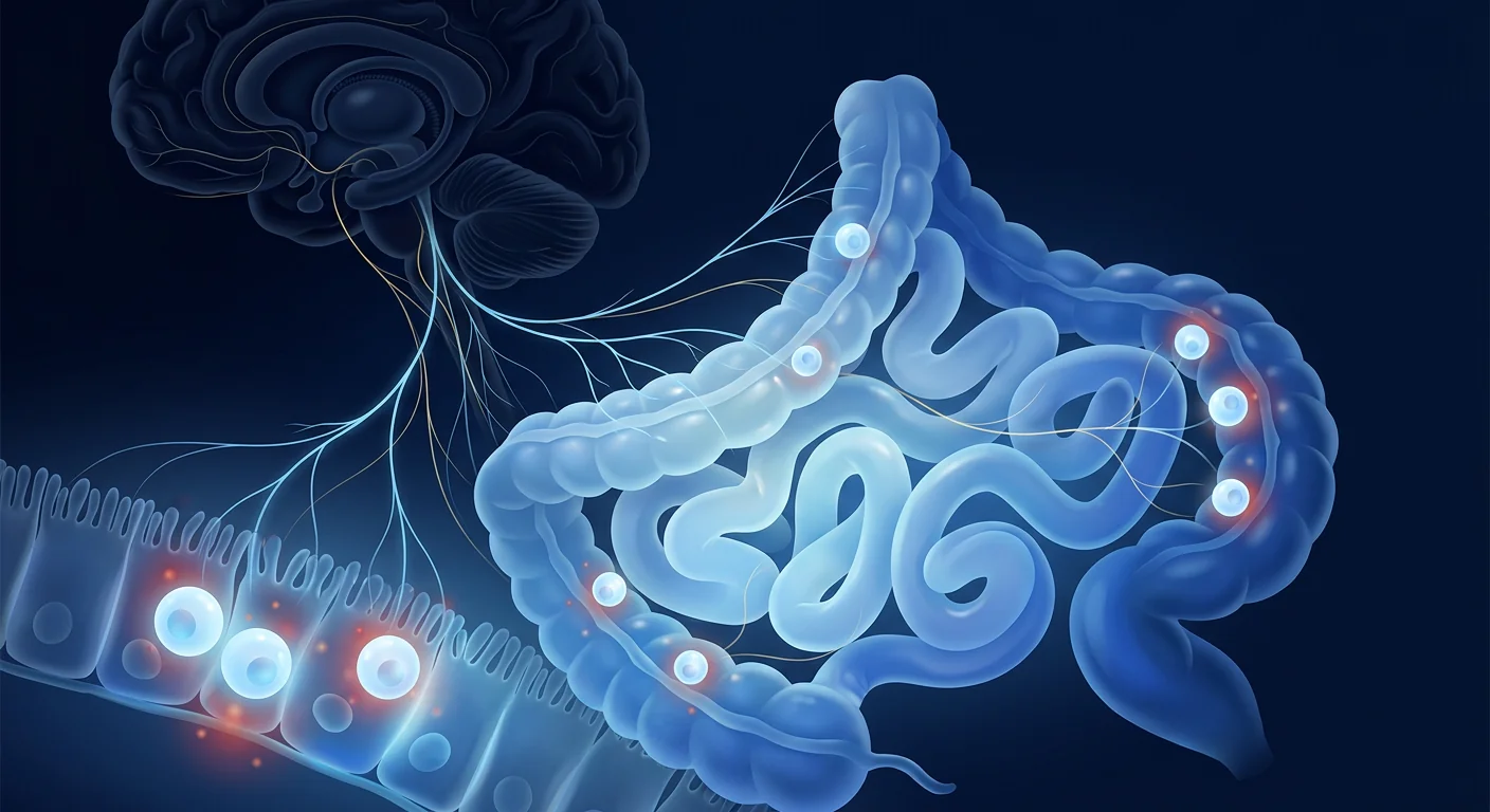 Scientific illustration of the human gut-brain axis showing intestinal epithelium and neural signaling — MSC therapy research context