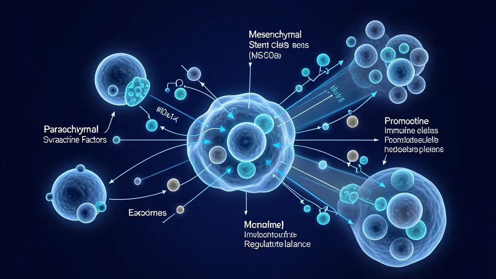 Illustration of mesenchymal stem cells interacting with immune cells and promoting regulatory T cells in lupus