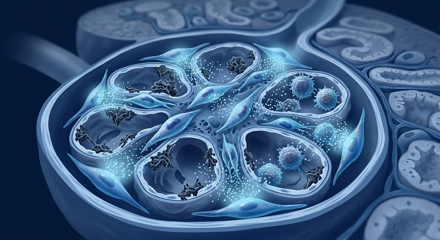 Scientific illustration of mesenchymal stem cells delivering immunomodulatory signals to inflamed kidney glomeruli in lupus nephritis therapy