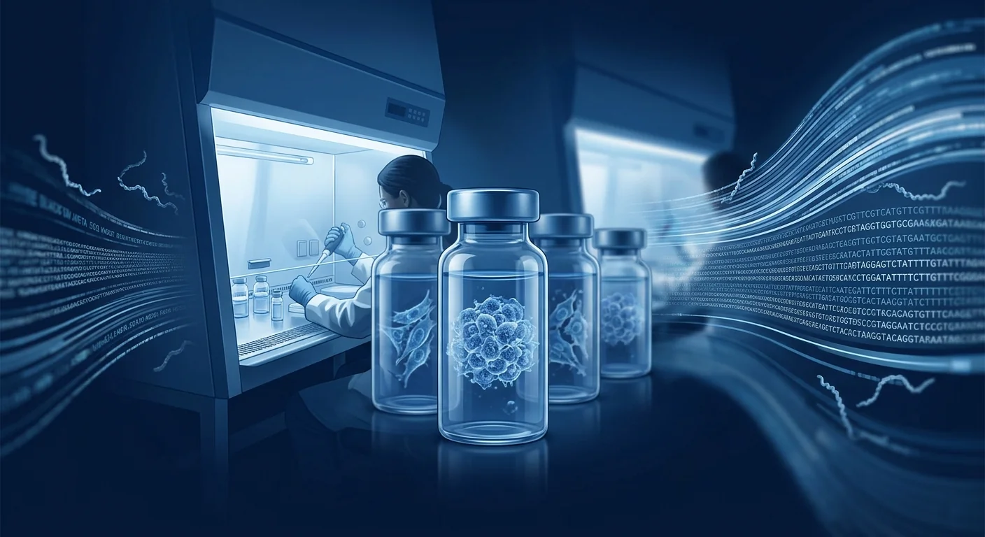Laboratory vials with cultured mesenchymal stem cells and data readouts representing controlled research on post-Lyme symptoms