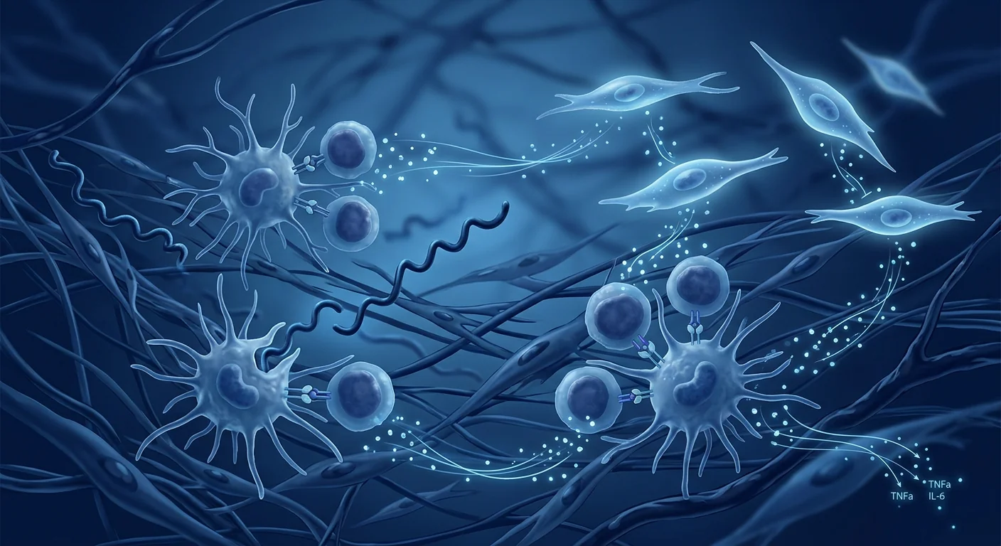 Scientific illustration of the Lyme disease spirochete and mesenchymal stem cells modulating the immune response