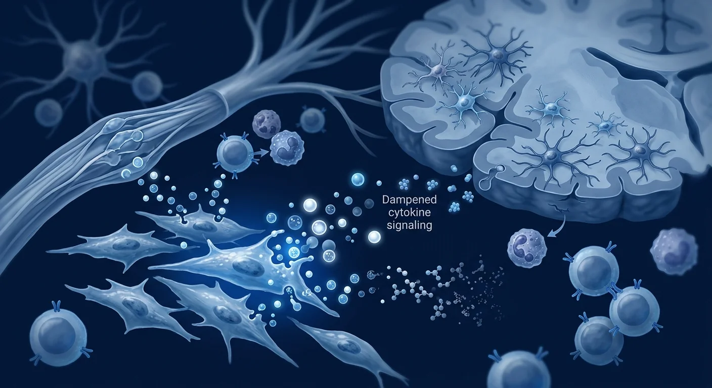 Illustration of mesenchymal stem cells calming neuroinflammation around a peripheral nerve and brain tissue in persistent Lyme disease