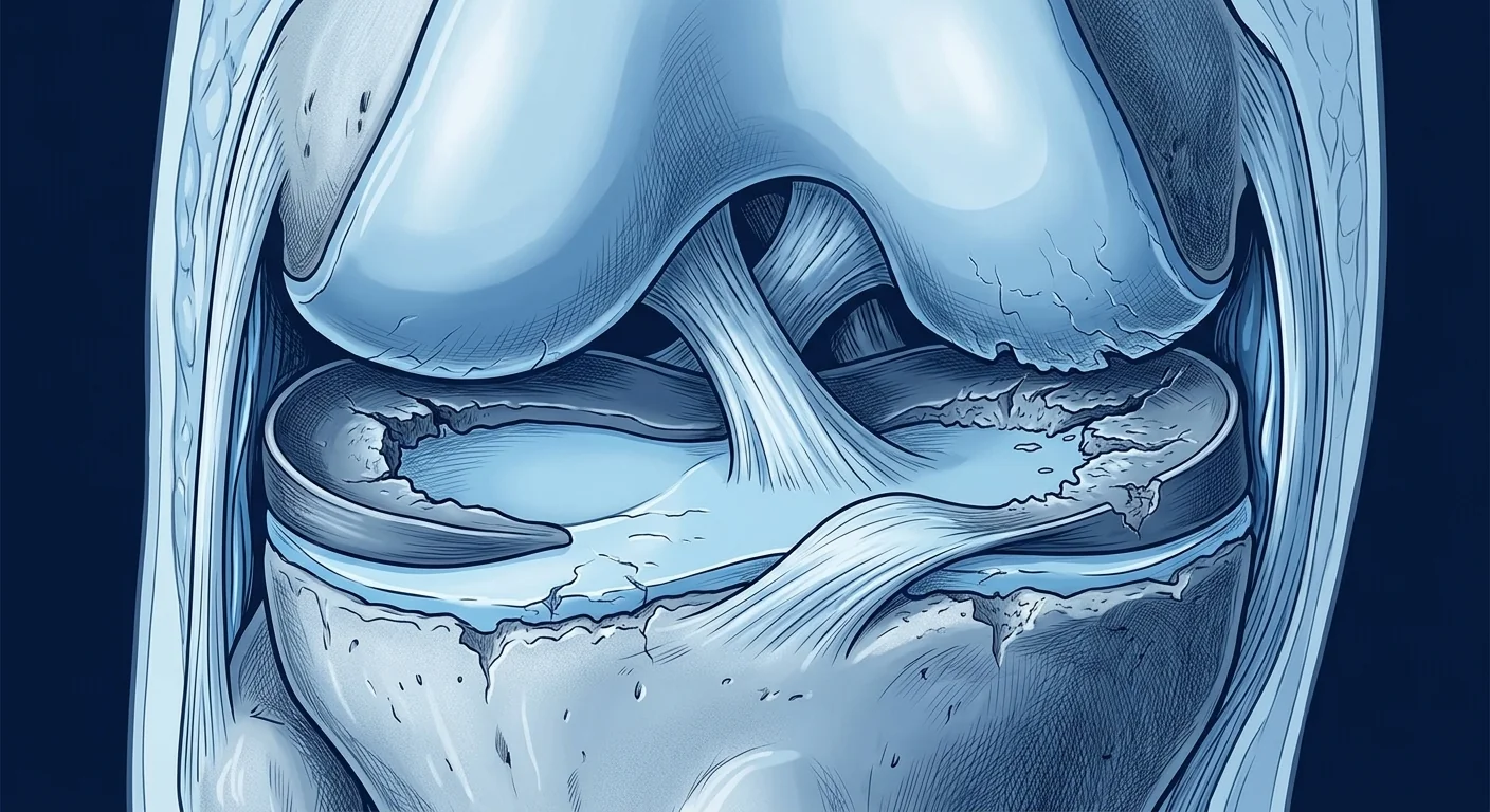 Anatomical illustration of knee meniscus tear showing the C-shaped cartilage wedge and zones of vascularity