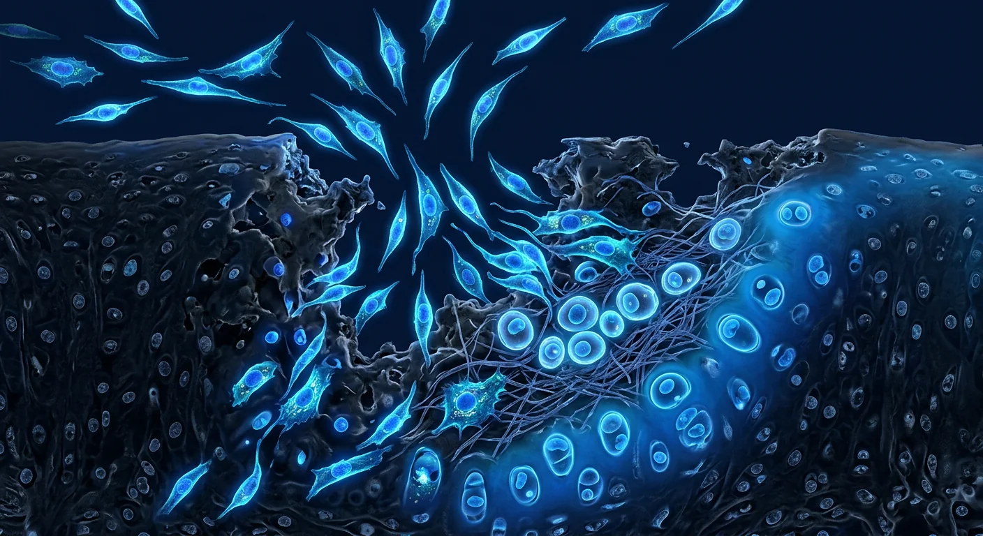 Scientific illustration of mesenchymal stem cells regenerating damaged knee cartilage at a cellular level