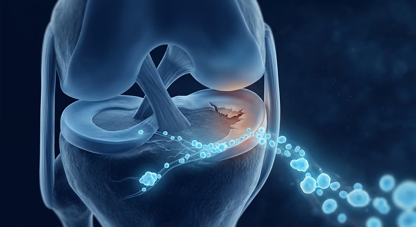 Scientific medical illustration of mesenchymal stem cell therapy for knee meniscus tear and cartilage regeneration
