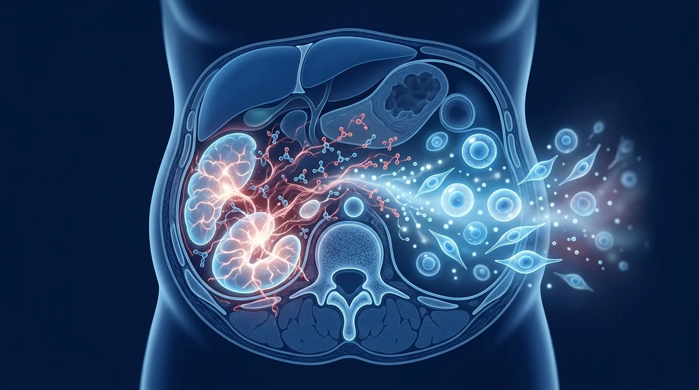 Cross-section of a human torso with glowing visceral fat depots and circulating inflammatory cytokines being neutralized by mesenchymal stem cell paracrine signalling — metabolic syndrome regenerative concept