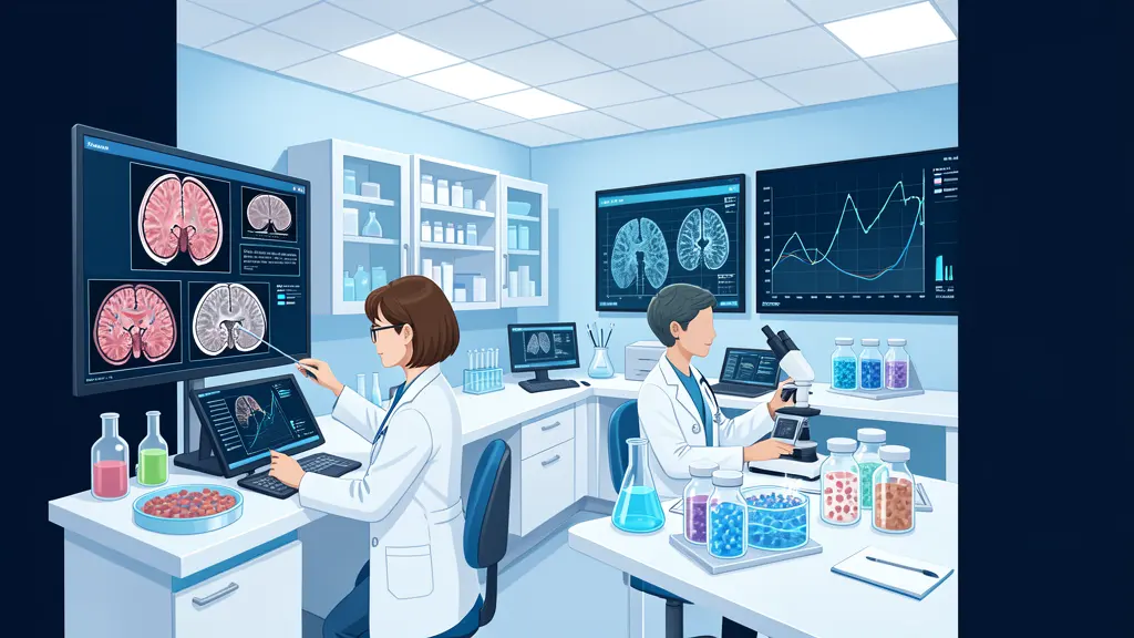 Laboratory vials, cultured cells and data analysis representing a controlled clinical research trial in multiple sclerosis
