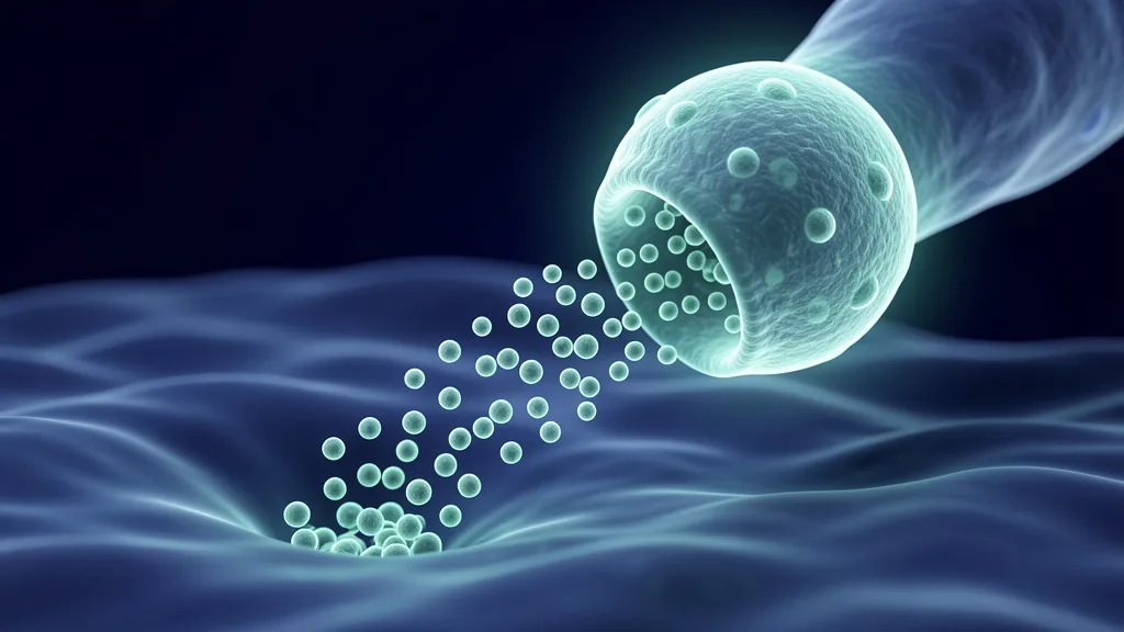 Scientific illustration of a mesenchymal stem cell releasing exosome vesicles into surrounding tissue