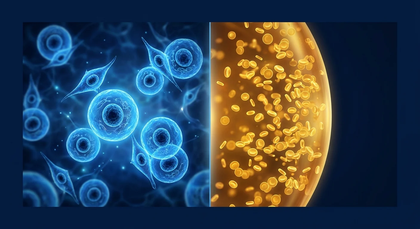 Scientific illustration comparing MSC therapy and PRP — stem cells and platelet-rich plasma as regenerative medicine options, deep navy and clinical blue palette