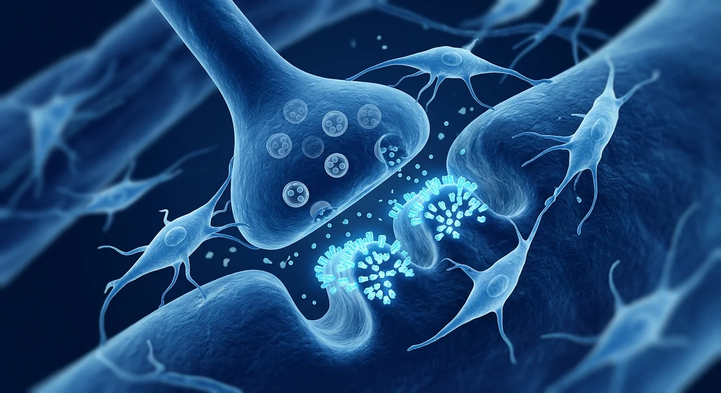 Scientific illustration of mesenchymal stem cells modulating the autoimmune attack at the neuromuscular junction in myasthenia gravis