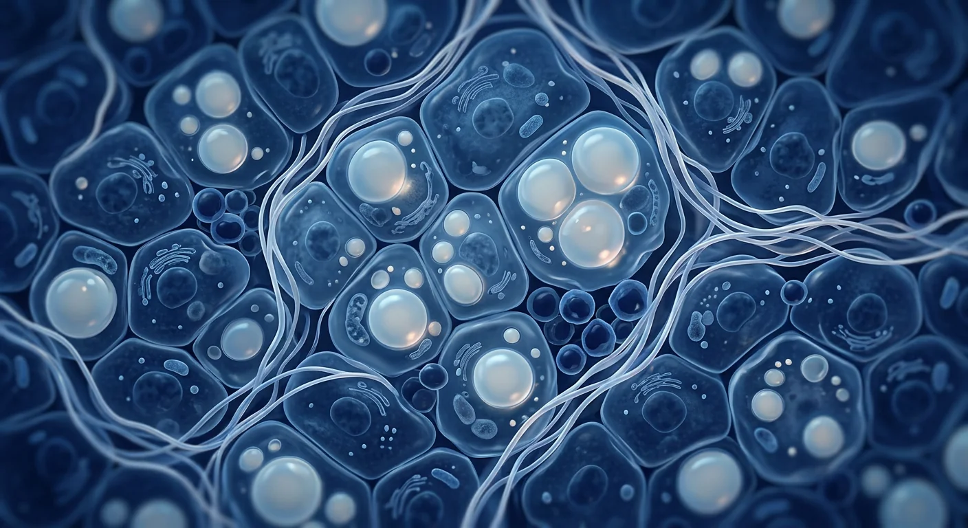 Scientific illustration of fatty liver hepatocytes with lipid droplets — stem cell research for NAFLD and metabolic liver disease