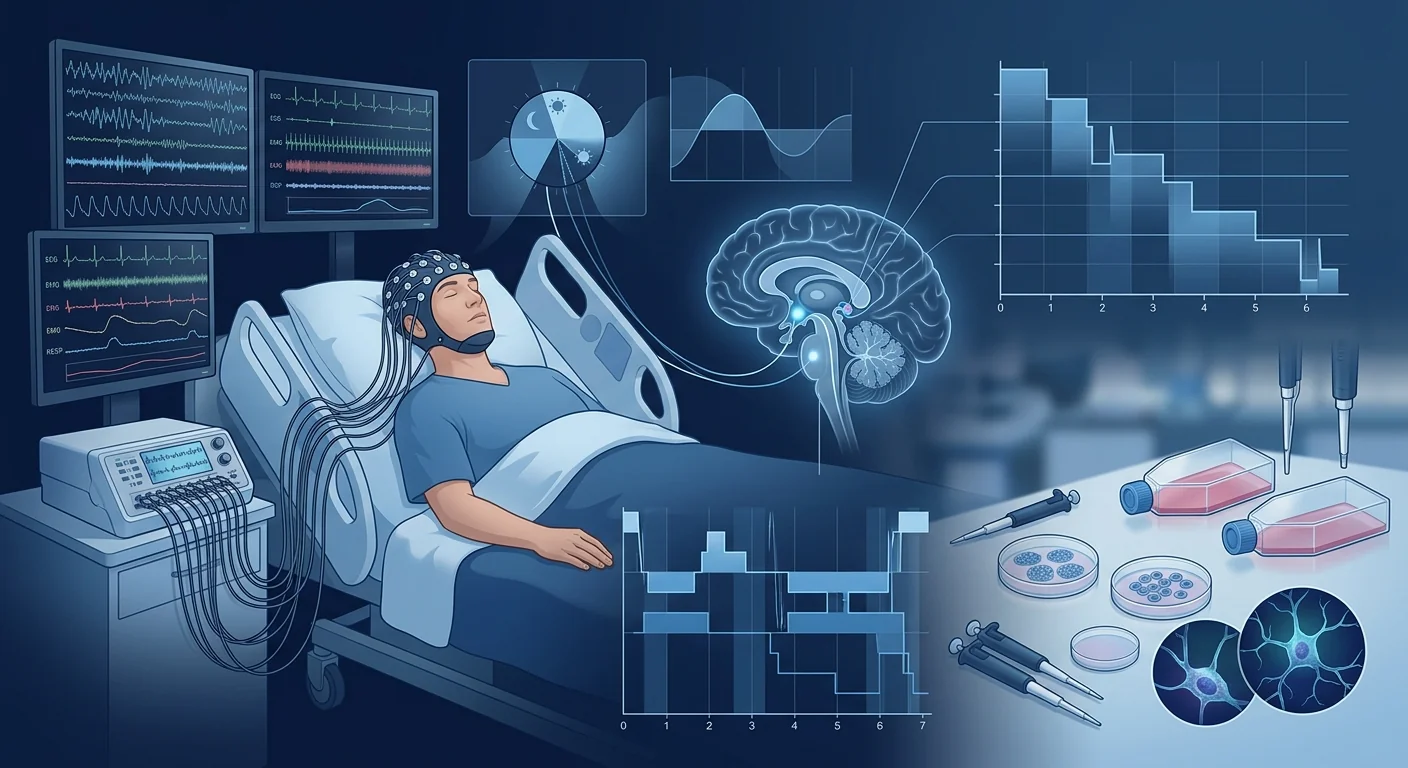 Clinical sleep research laboratory with EEG monitoring and circadian rhythm analysis integrated with stem cell research imagery