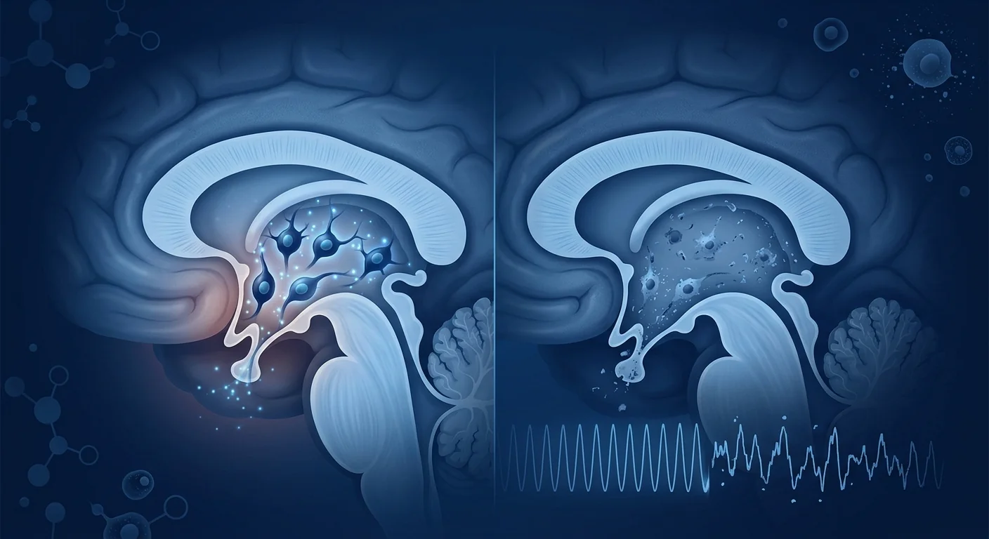 Scientific illustration of orexin neurons in the hypothalamus with sleep-wake cycle disruption in narcolepsy