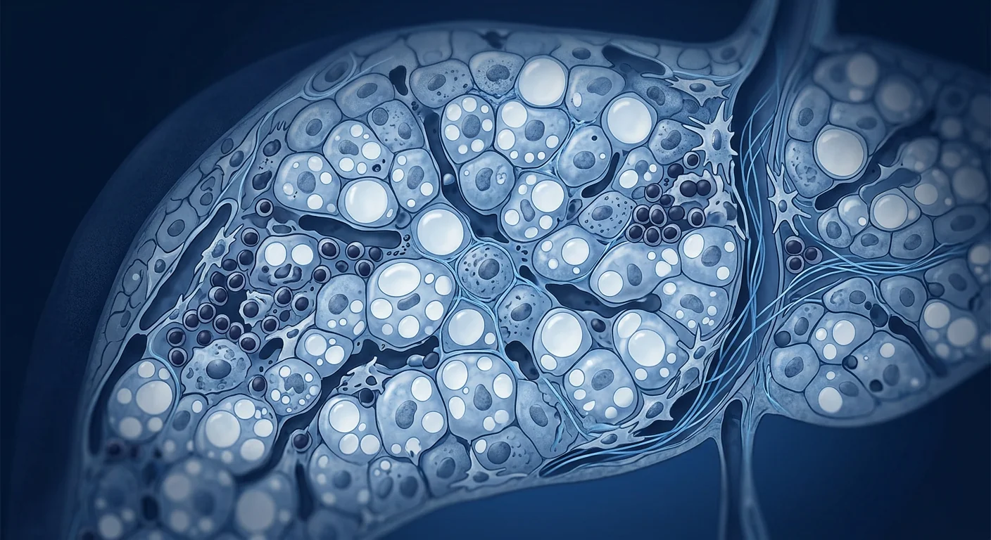 Scientific illustration of NASH/MASH liver showing inflammation and fibrosis — stem cell research for steatohepatitis
