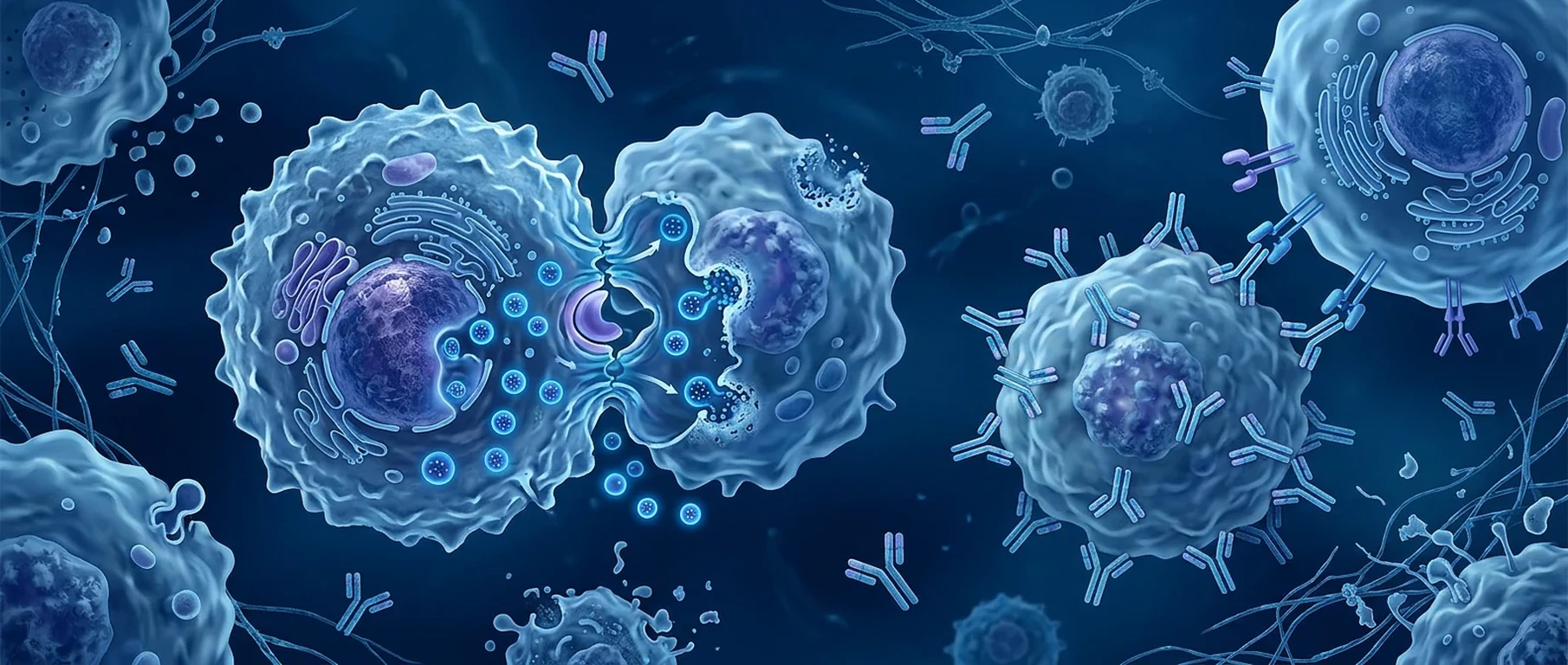 Natural killer cell forming an immune synapse and releasing cytotoxic granules toward a cancer cell
