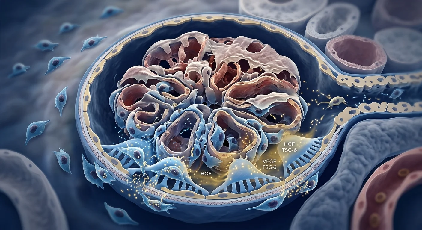 Scientific illustration of mesenchymal stem cells repairing damaged kidney glomerular filtration barrier in nephrotic syndrome — podocyte protection and proteinuria reduction