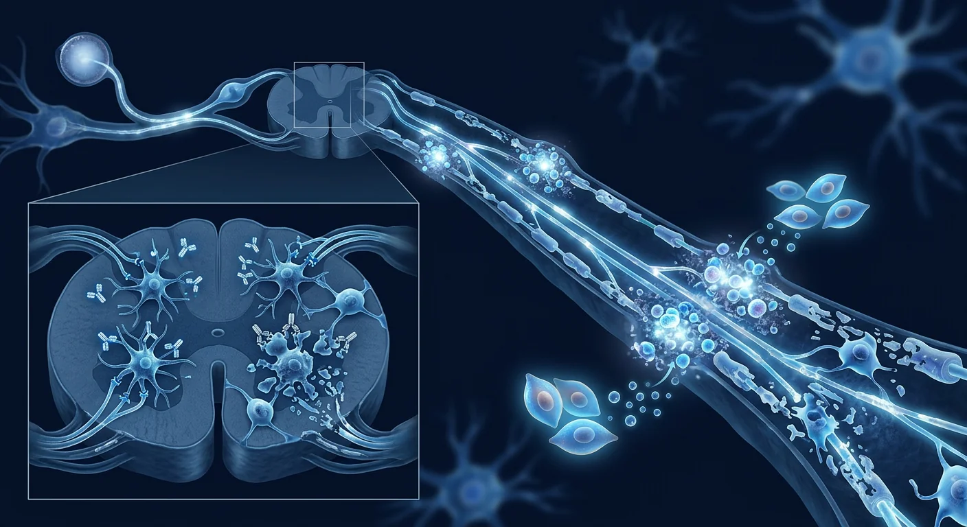 Scientific illustration of aquaporin-4 antibody attack on astrocytes in neuromyelitis optica spectrum disorder