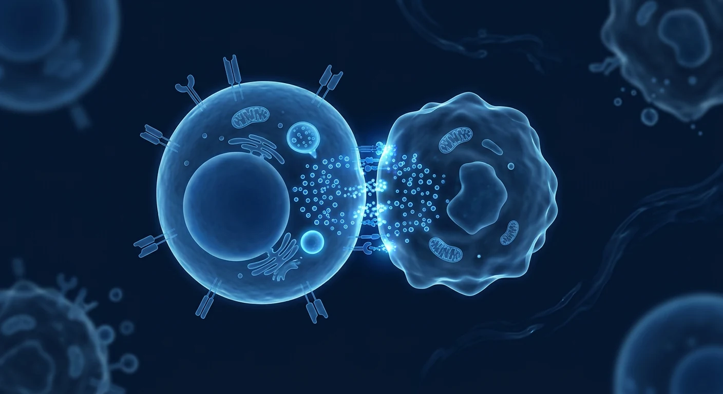 Natural killer cell forming an immune synapse with a target cell and releasing cytotoxic granules during a laboratory cytotoxicity assay
