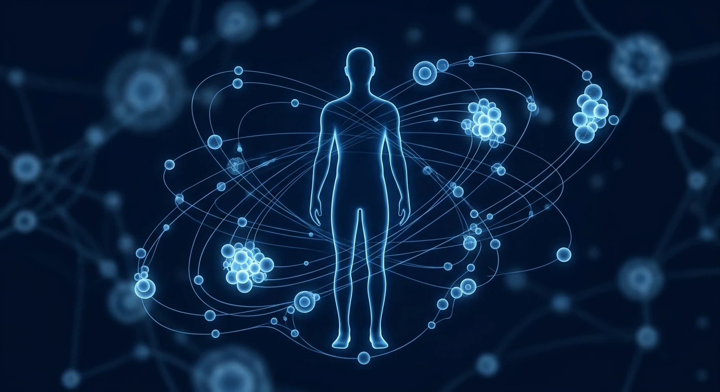 Abstract human silhouette surrounded by orbiting glowing nodes representing biological factors that change natural killer cell activity results