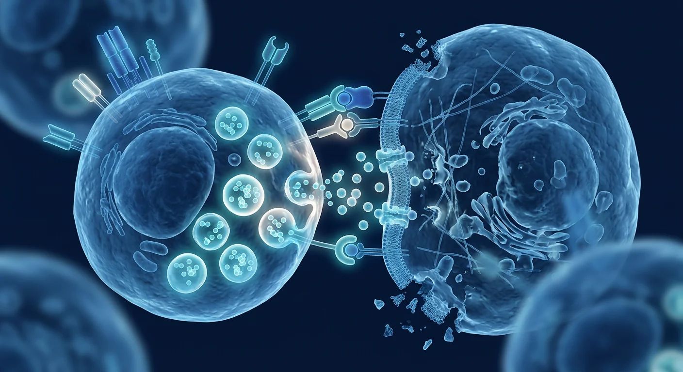 Immunological synapse between an NK cell and a target cell with cytotoxic granules releasing perforin and granzymes into the contact zone