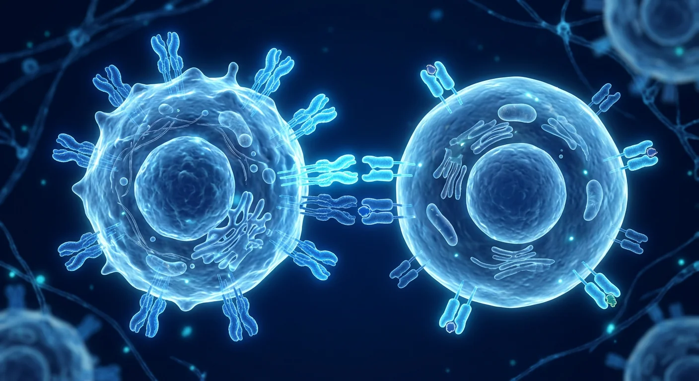 Two immune cells facing each other with surface receptors failing to engage, illustrating KIR–HLA mismatch that licenses donor NK cells to attack leukaemia