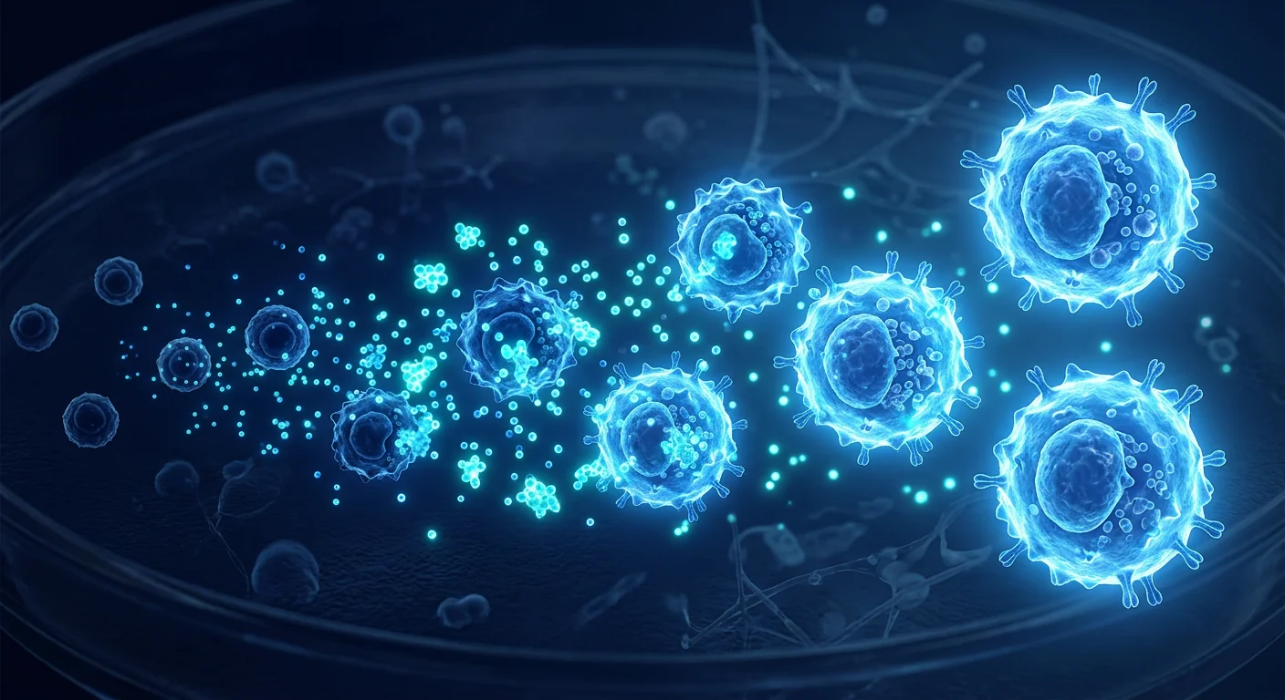 Immune cells bathed in glowing cytokines and emerging larger and more activated, representing cytokine-induced memory-like NK cells for leukaemia