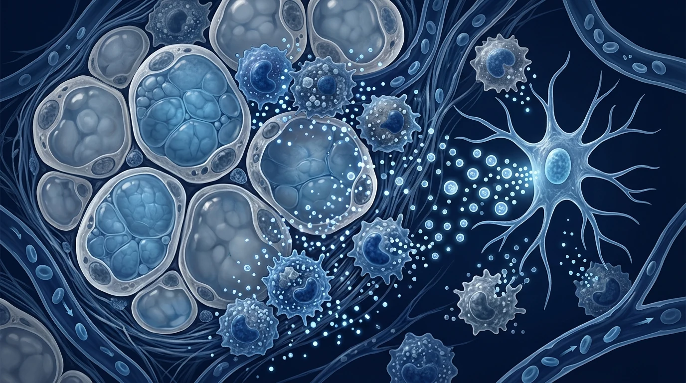 Microscopic visualization of inflamed adipose tissue in obesity with enlarged adipocytes and infiltrating macrophages, mesenchymal stem cells delivering paracrine anti-inflammatory signals to the fat microenvironment