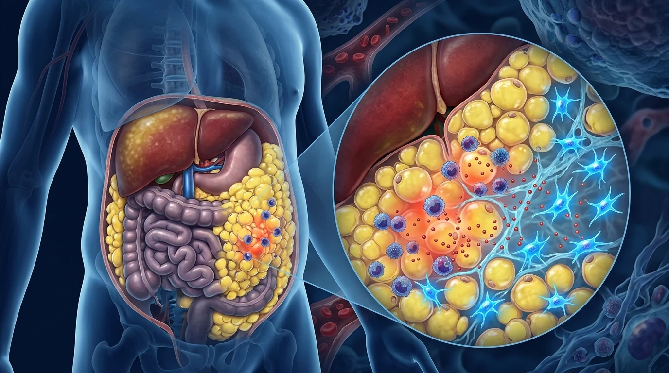 Scientific visualization of adipose tissue in obesity with inflamed adipocytes and macrophages, mesenchymal stem cells delivering paracrine anti-inflammatory signals — obesity regenerative medicine concept