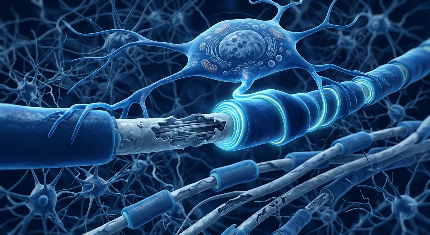 Microscopic illustration of remyelination — oligodendrocyte wrapping myelin around a damaged optic nerve axon
