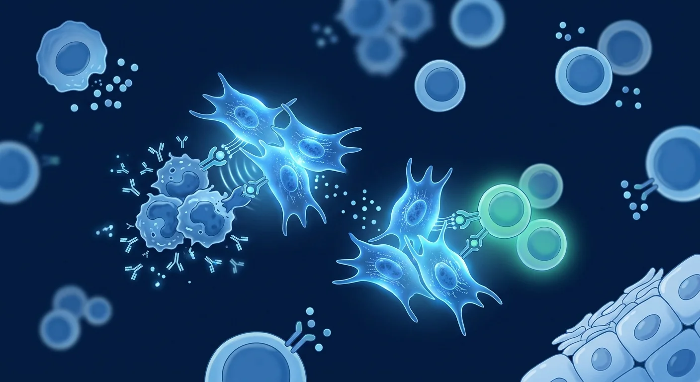 Scientific illustration of mesenchymal stem cells suppressing desmoglein-specific B cells and restoring Treg/Th17 balance in pemphigus vulgaris — skin blister formation and keratinocyte separation shown at the epidermal level