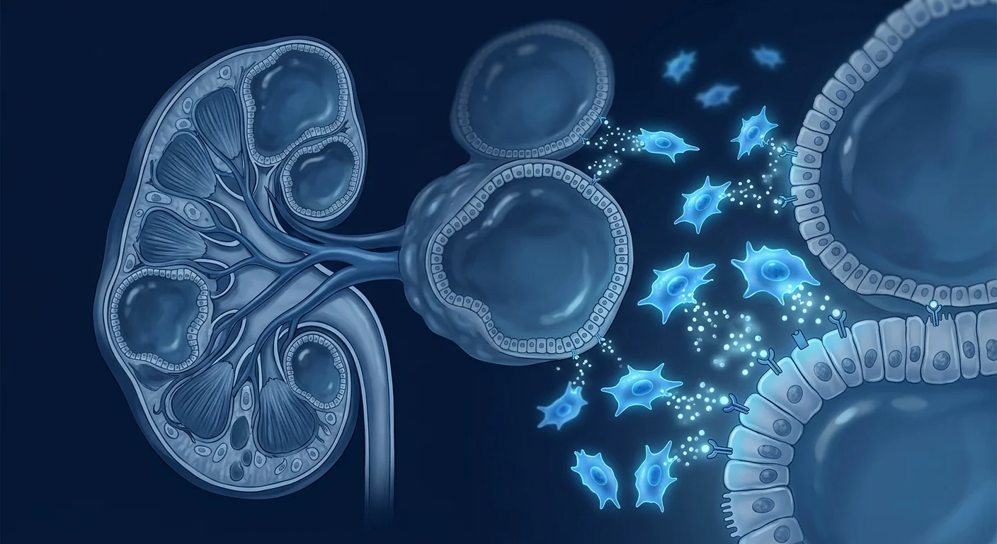 Scientific illustration of mesenchymal stem cells targeting renal cysts in polycystic kidney disease — anti-proliferative paracrine signaling concept