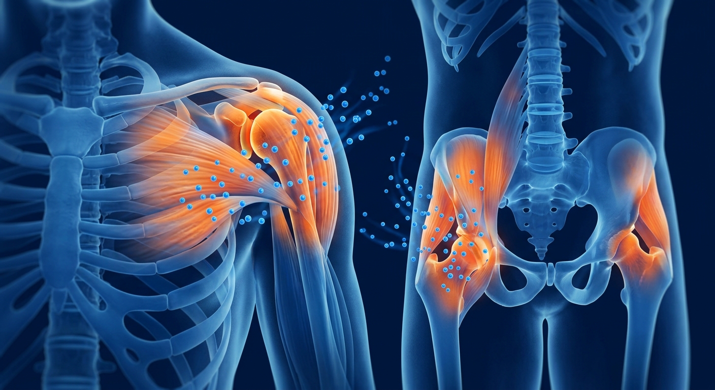 Scientific medical illustration of polymyalgia rheumatica — inflamed shoulder and hip girdle with MSC therapy concept
