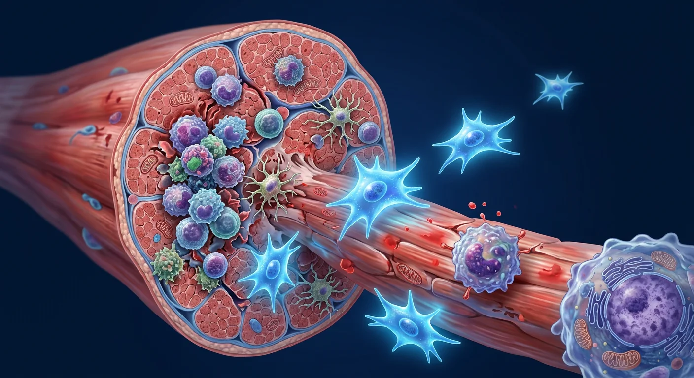 Scientific illustration of mesenchymal stem cells modulating autoimmune muscle inflammation in polymyositis and dermatomyositis