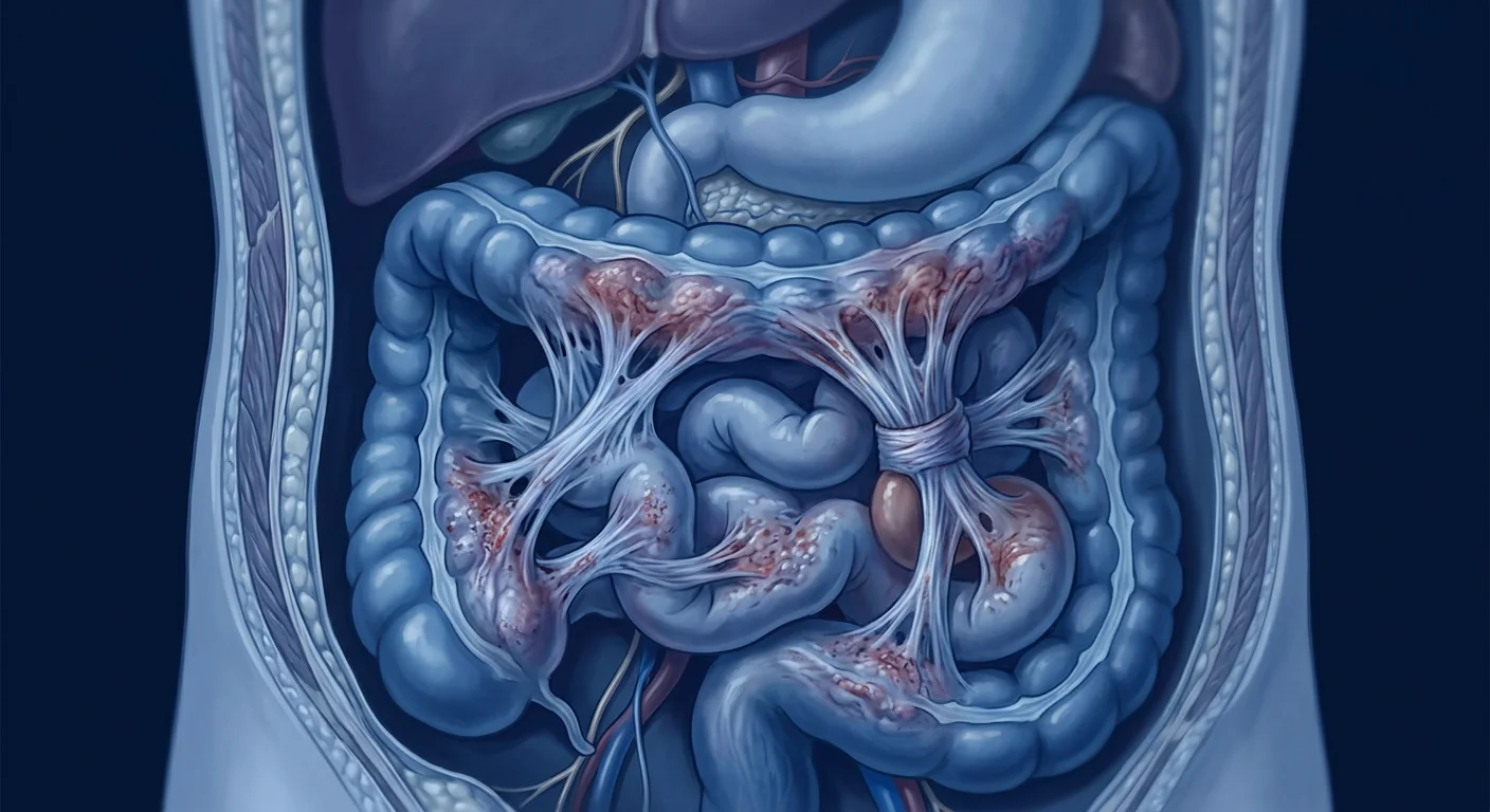 Scientific medical illustration of post-surgical abdominal adhesions with fibrous bands tethering intestinal loops — deep navy clinical blue editorial biotech aesthetic