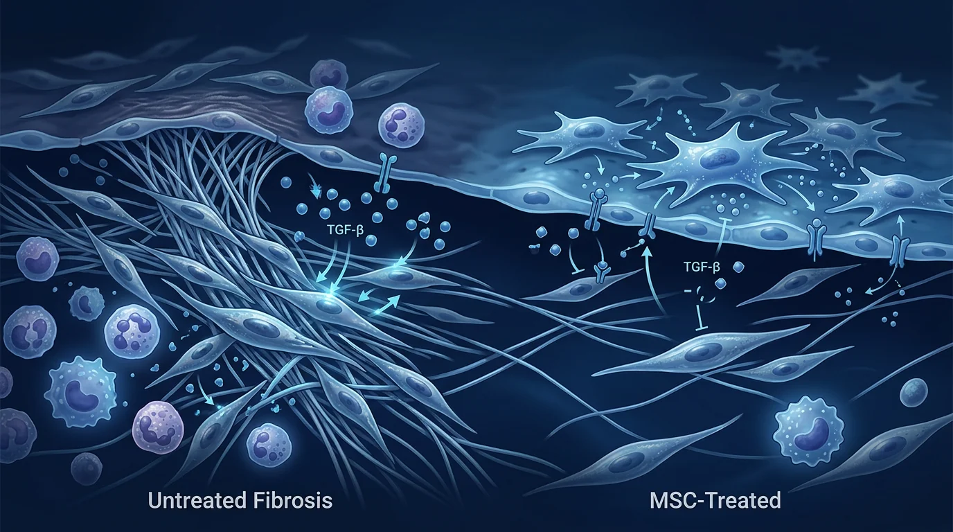 Scientific medical illustration of MSCs releasing anti-fibrotic factors and modulating the peritoneal environment to reduce adhesion formation — deep navy and clinical blue editorial biotech aesthetic