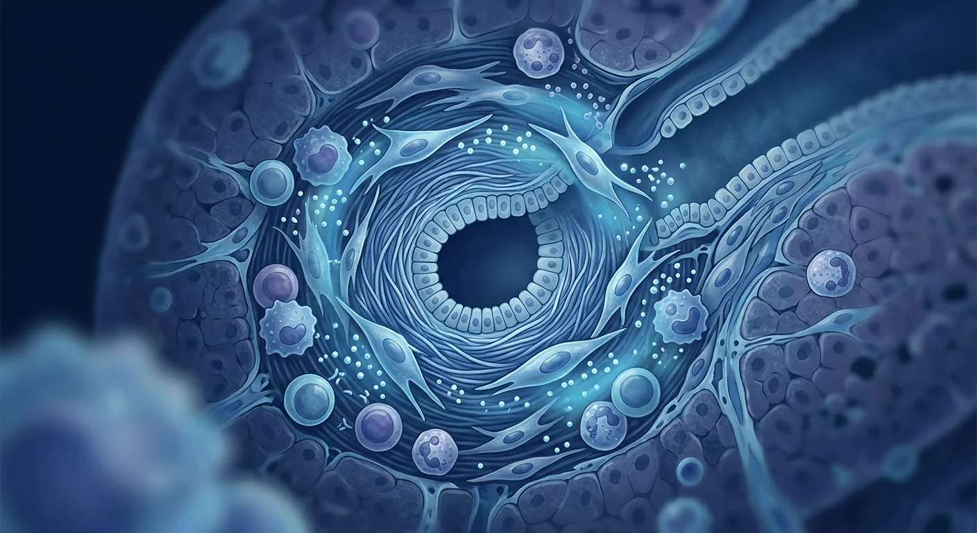 Scientific illustration of mesenchymal stem cells modulating hepatic immune response and preserving bile duct architecture in primary sclerosing cholangitis