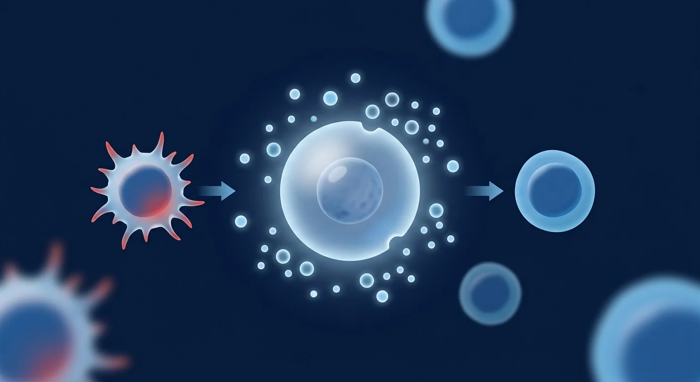 MSC immunomodulation — a mesenchymal stem cell releasing regulatory signals that shift an activated inflammatory T cell into a regulatory T cell, in deep navy and clinical blue palette