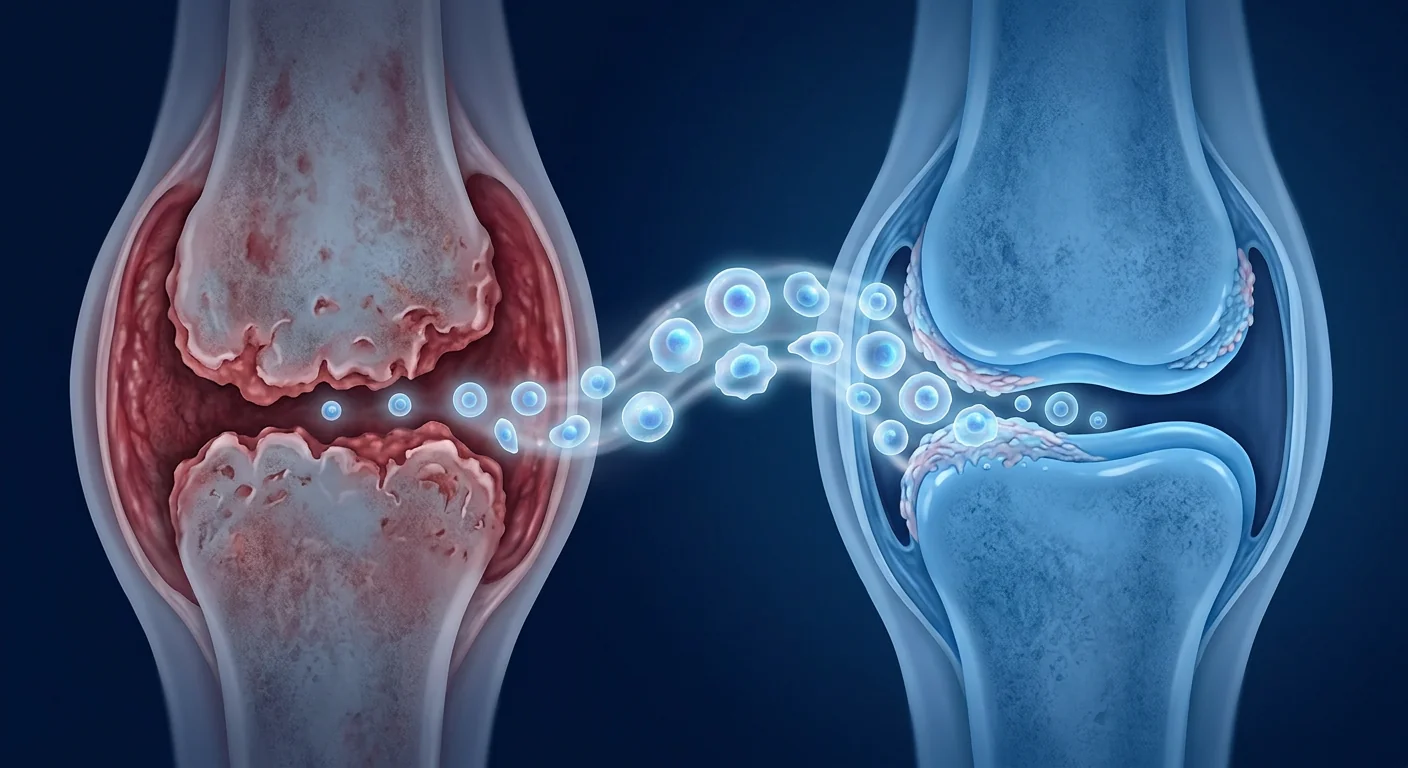 Inflamed versus healthy joint cross-sections — the left joint shows inflamed synovial tissue and swollen cartilage edges in muted red tones, the right shows healthy cartilage with regenerating tissue in blue tones, connected by a stream of glowing mesenchymal stem cells