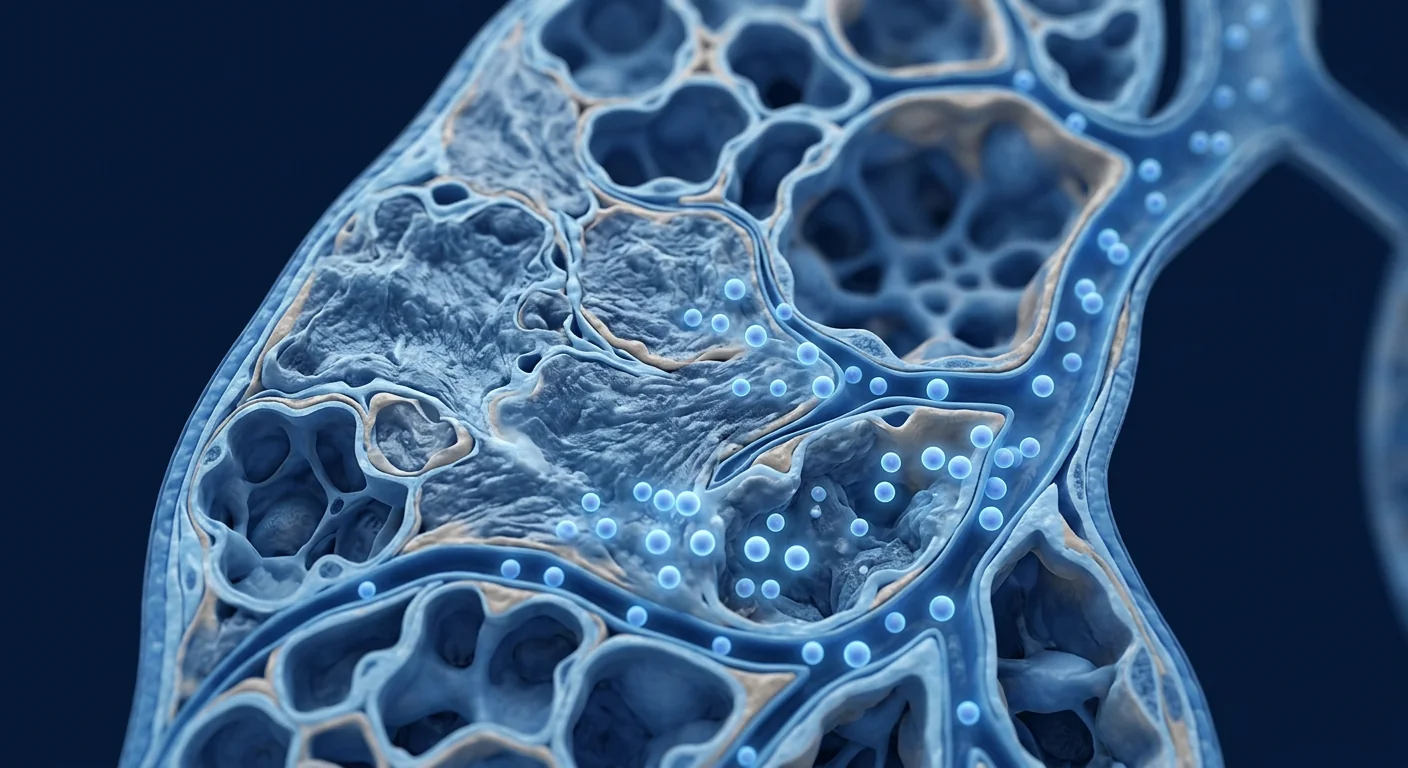 Scientific rendering of fibrotic lung tissue with mesenchymal stem cells migrating to damaged alveolar regions — deep navy editorial biotech aesthetic