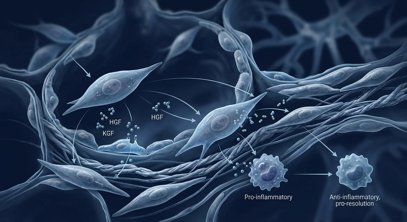 Scientific medical illustration of MSCs releasing anti-fibrotic factors within fibrotic lung tissue — deep navy and clinical blue editorial biotech aesthetic