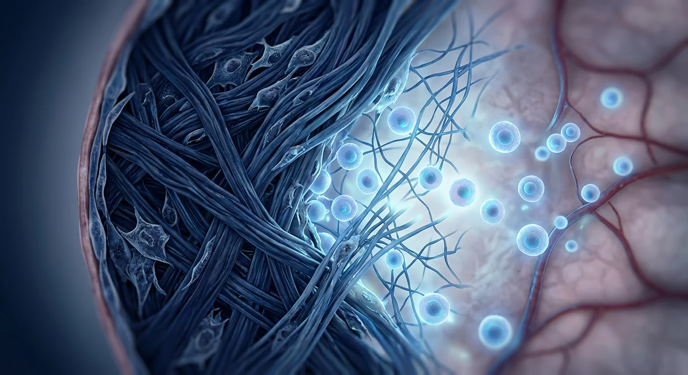 Scientific medical illustration of radiation-induced fibrotic tissue with mesenchymal stem cells migrating to areas of post-radiotherapy scarring — deep navy clinical blue editorial biotech aesthetic