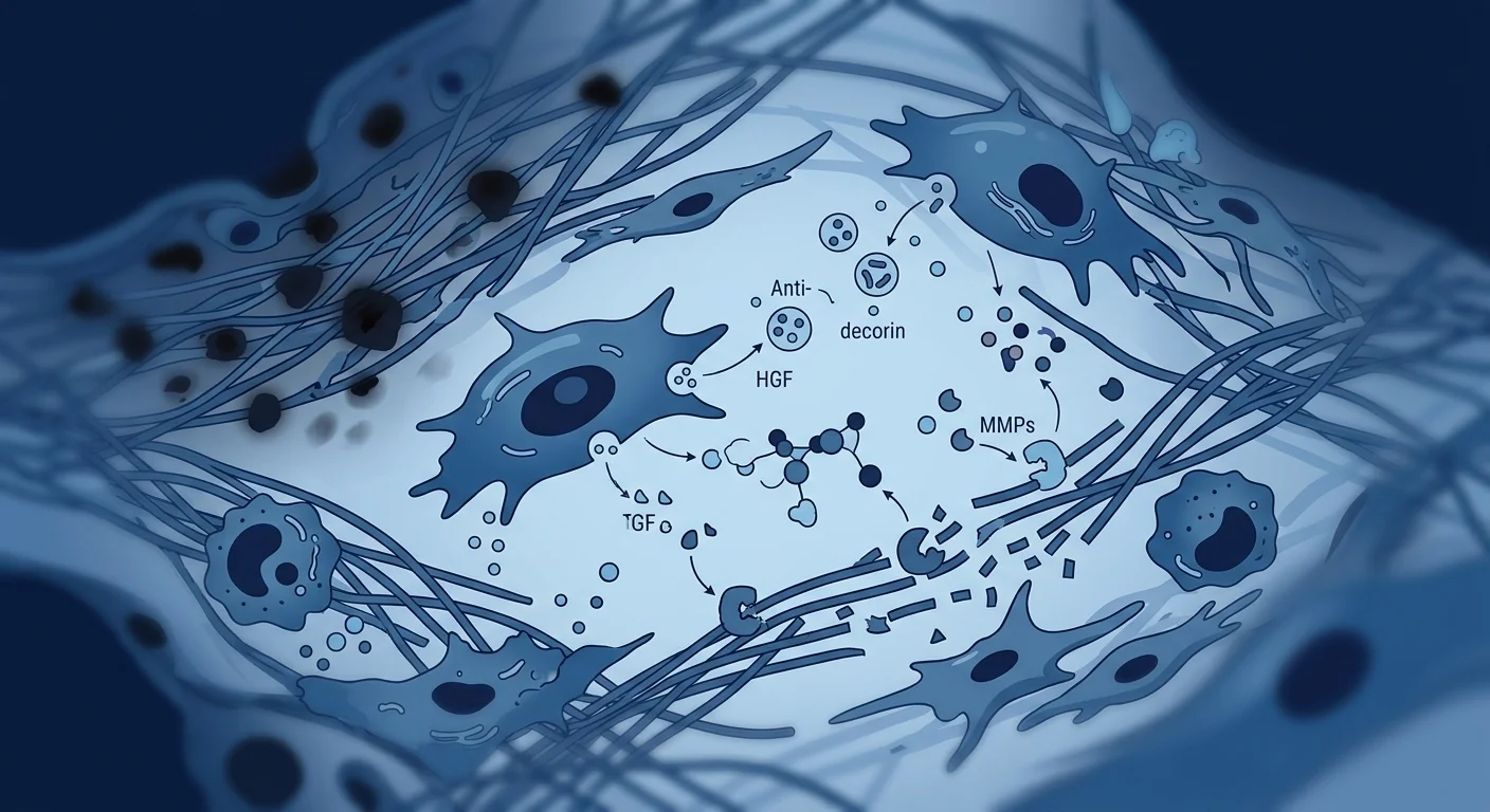 Scientific medical illustration of MSCs releasing anti-fibrotic and pro-angiogenic factors within radiation-damaged tissue — deep navy and clinical blue editorial biotech aesthetic